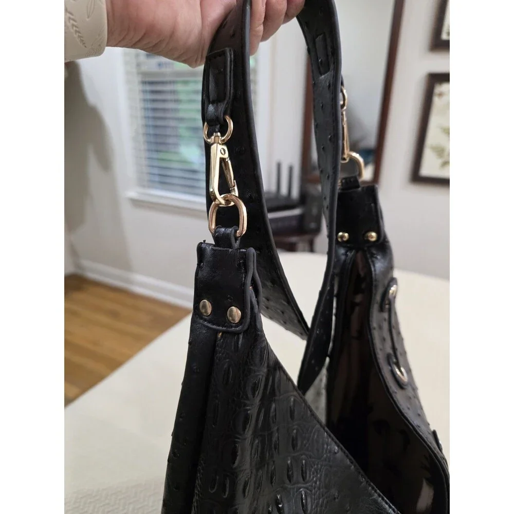 Edgy Goth Grunge Black Faux Leather Mixed Texture Slouchy Hobo Bag Lace Up Tote